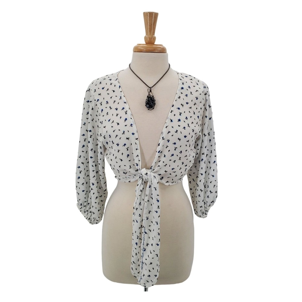 Windsor Womens M White Blue Floral Sheer Tie Front Crop Blouse Boho‎ Festival